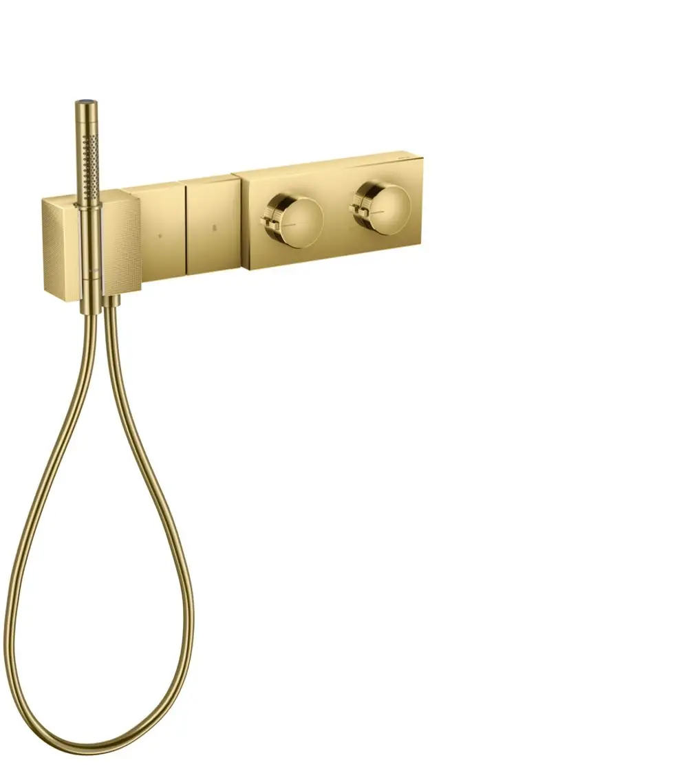 AXOR Thermostatmodul in Polished Gold Optic mit zwei Bedienelementen und Brauseschlauch, wandmontiert, minimalistische Formgebung für moderne Badezimmer.